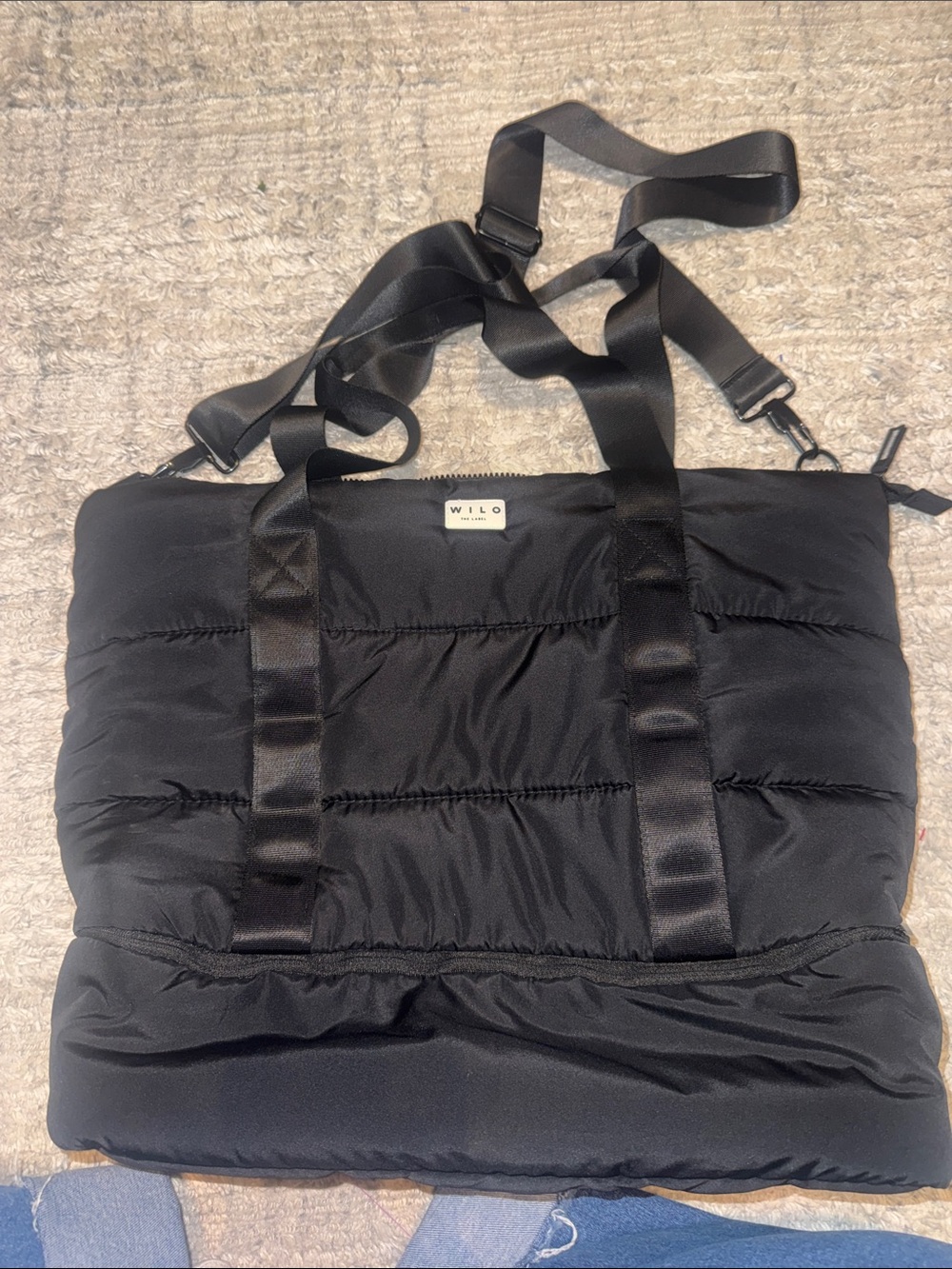 Wilo The Label Black Nylon Puffer Gym Bag Travel Tote Shoulder Bag